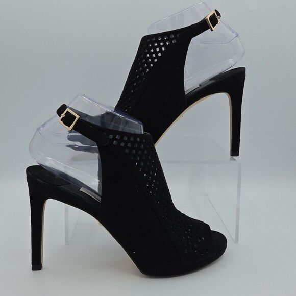 Diane von Furstenberg Black Heels Peep Toe Mules Ankle Strap Size 7M EUC - Picture 1 of 11